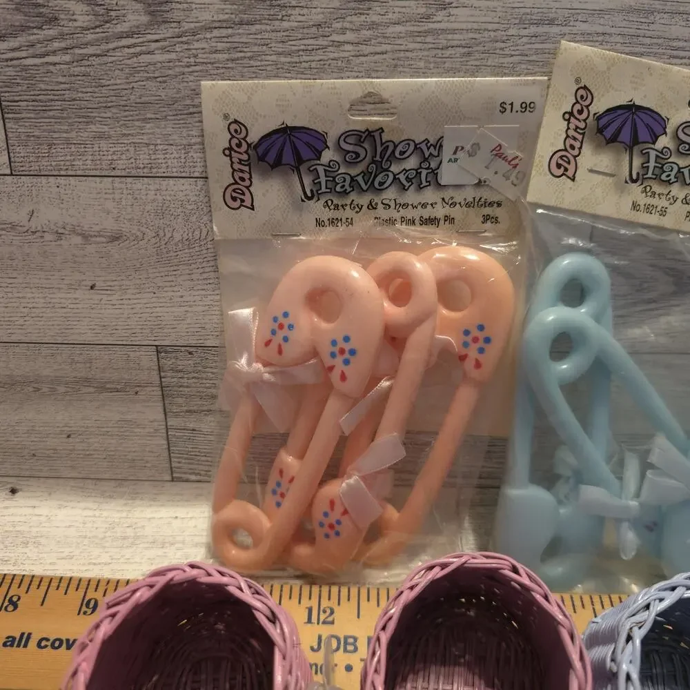 Vintage‎ Baby Shower Decor Plastic Diaper Pins Wicker Baby Shoes